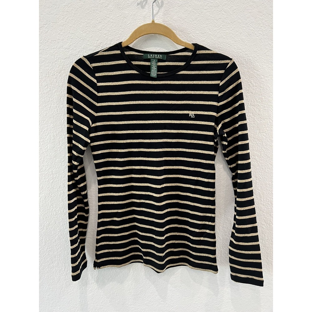Ralph Lauren Womens Long Sleeve Black Gold Stripe Polo Top Sz S Pullover